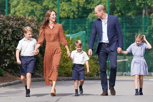 Jonathan Brady - Pool/Getty Images Prince George, Kate Middleton, Prince Louis, Prince William and Princess Charlotte at the children's first day of school at Lambrook in September 2022