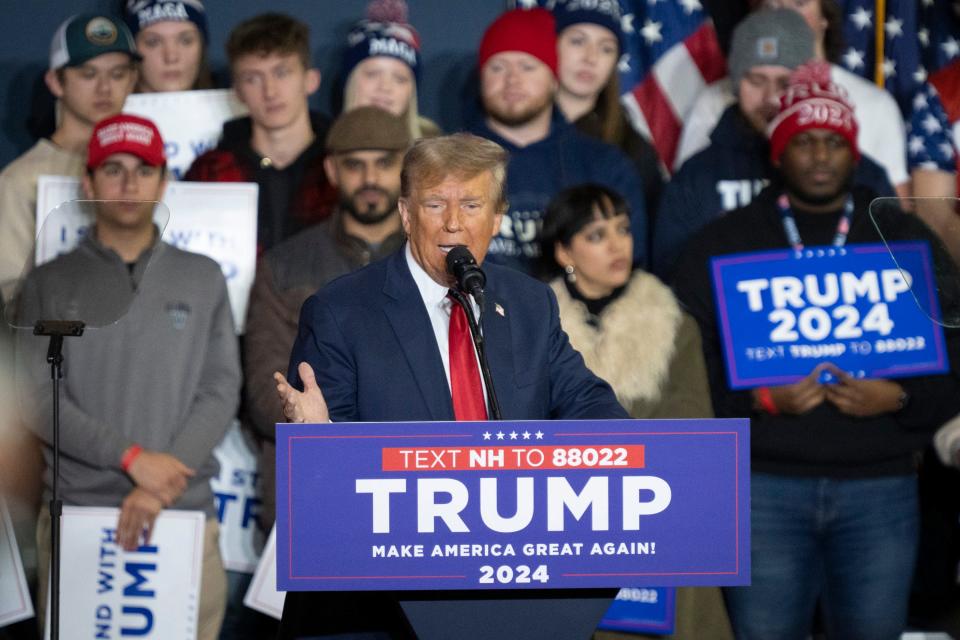 ormer president Donald J. Trump speaks at a campaign rally at SNHU Arena in Manchester, NH, on Saturday, January 20, 2024.