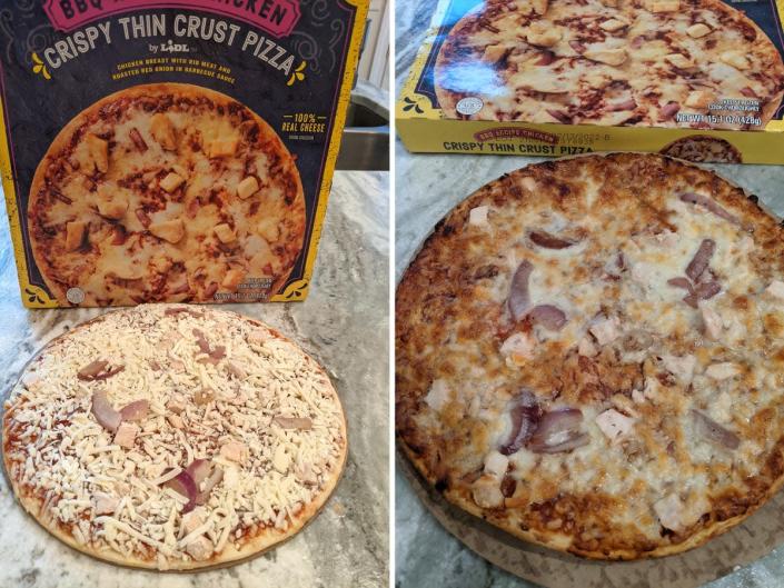 side by side photos of uncooked and cooked lidl barbecue chicken pizza