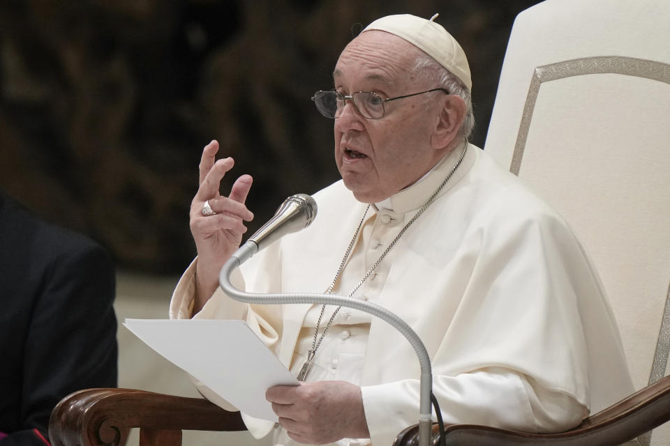 Pope Francis delivers his speech during his weekly general audience in the Pope Paul VI hall at the Vatican, Wednesday, Jan. 4, 2023. (AP Photo/Andrew Medichini)