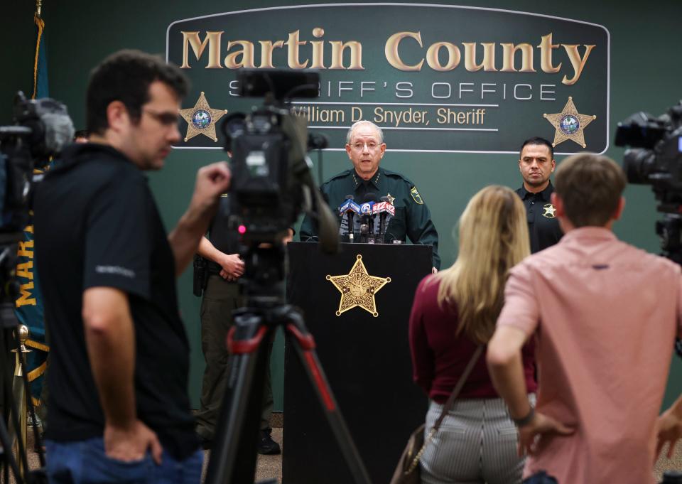 Martin County Sheriff William Snyder discusses the seizure of 400 capsules of fentanyl and an upcoming trip to the border in Arizona during a news conference, Thursday, Feb. 1, 2024, at the Sheriff's Office at 800 SE Monterey Road.