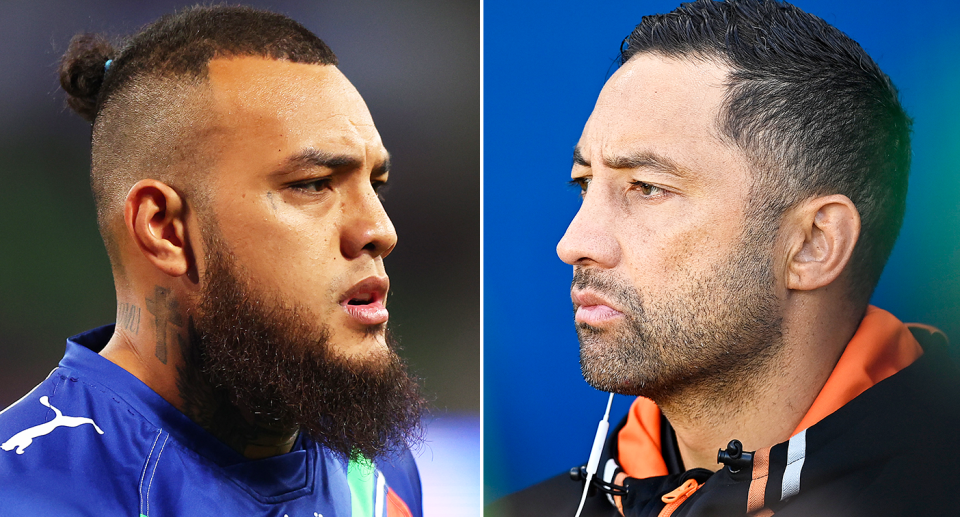 Pictured left Addin Fonua-Blake and right Wests Tigers coach Benji Marshall