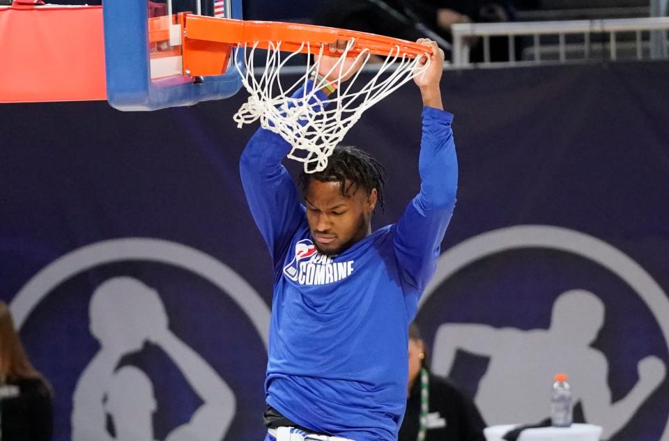 Bronny James participates in the 2024 NBA draft combine at Wintrust Arena.