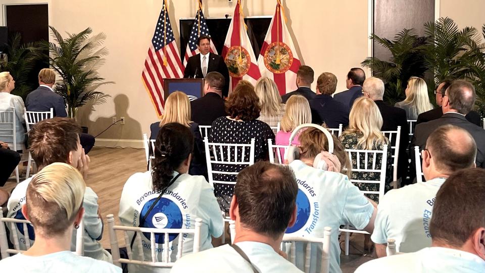 Florida Gov. Ron Desantis addresses clients of the Els for Autism Foundation, a nonprofit that provides services to people with autism, in Jupiter, Fla., on Monday, April 29, 2024.