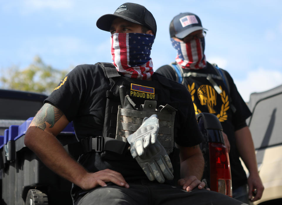 Members of the far-right group Proud Boys attend a rally in Portland, Ore., Sept. 26. (Jim Urquhart/Reuters)