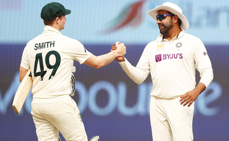 Steve Smith and Rohit Sharma, pictured here shaking hands after a draw in the fourth Test between Australia and India.