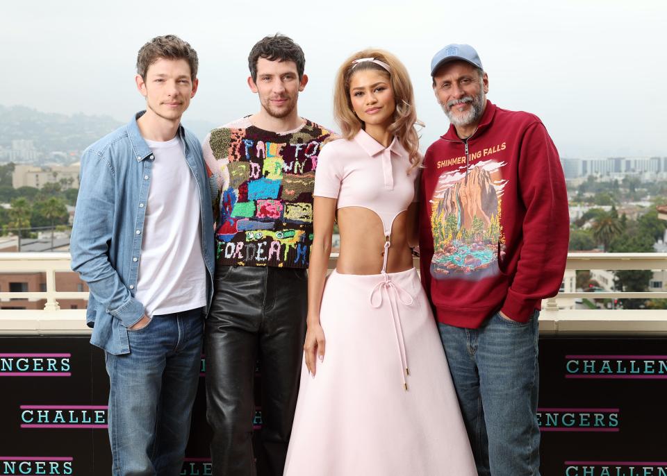 Mike Faist, Josh O'Connor, Zendaya and director Luca Guadagnino seen at the "Challengers" Tour in Los Angeles on April 20, 2024 in Beverly Hills, California.