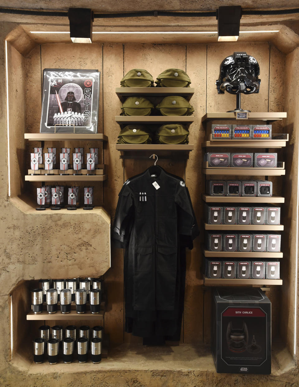 "Star Wars"-themed apparel is displayed inside the Dok-Ondar's Den of Antiquities store during the Star Wars: Galaxy's Edge Media Preview at Disneyland Park, Wednesday, May 29, 2019, in Anaheim, Calif. (Photo by Chris Pizzello/Invision/AP)