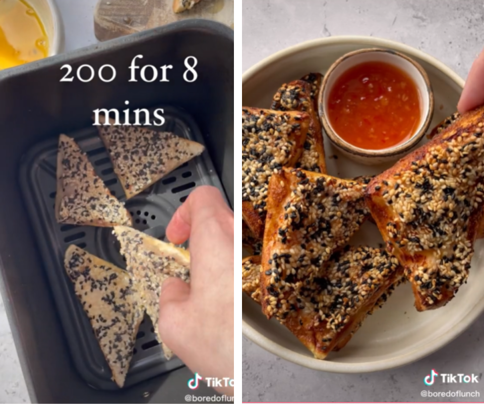 Two side by side images: The left of a man's hand lowering sesame seed bread triangles into an air fryer, the right of the cooked triangles on a plate with sweet chilli sauce.