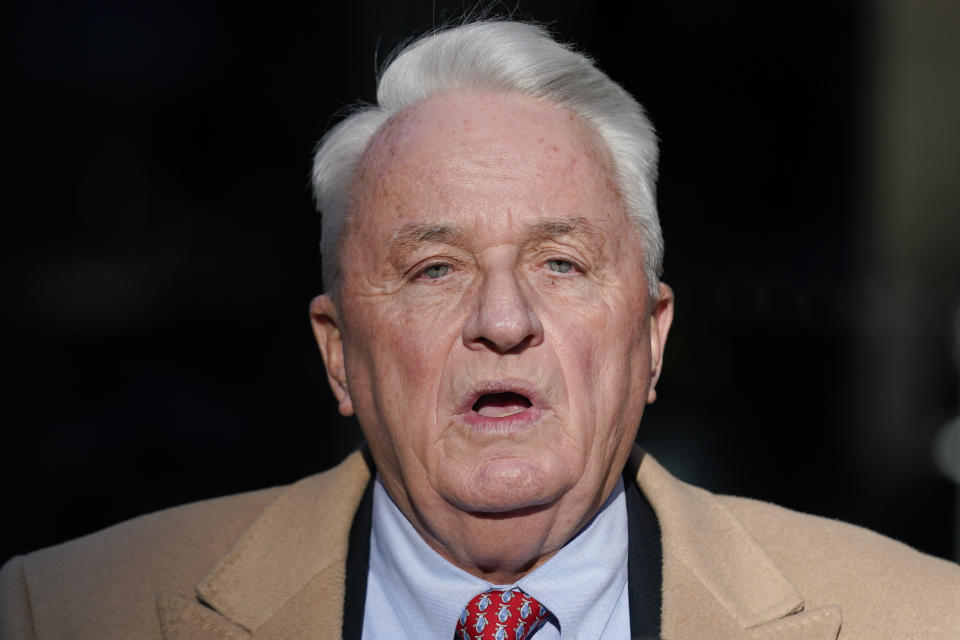 Attorney Bob Costello talks to reporters after testifying before a grand jury investigating Donald Trump in New York, Monday, March 20, 2023. (AP Photo/Seth Wenig)