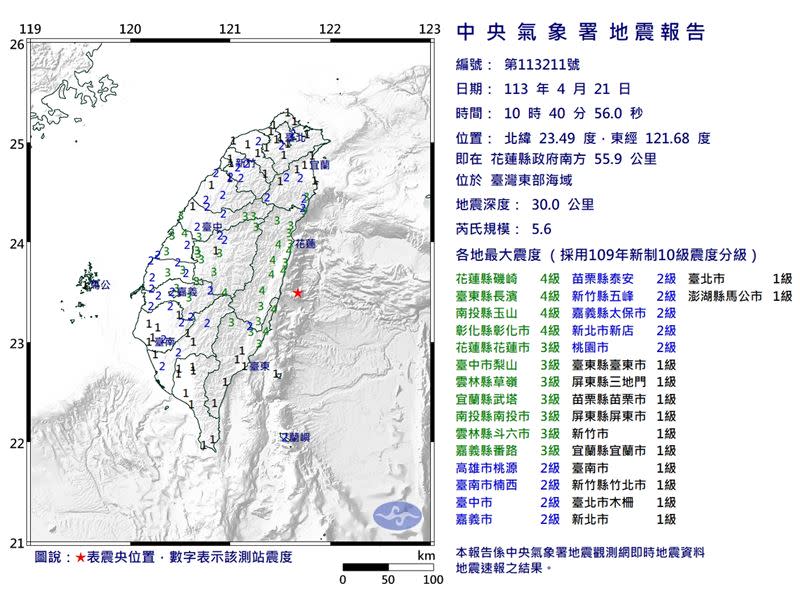 今天（21日）10點40分發生規模5.6地震，地震深度30公里。（圖／翻攝自中央氣象署）