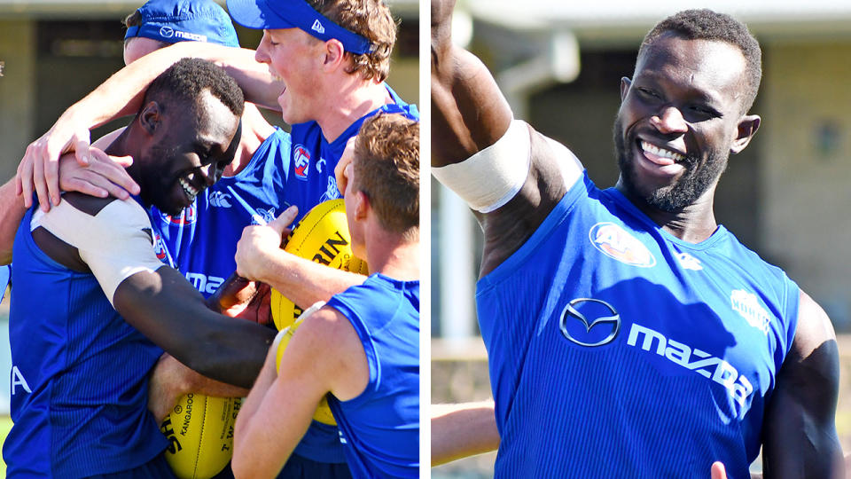 A 50-50 split image shows North Melbourne's Majak Daw celebrating with teammates on the left, and pumping his fist on the right.