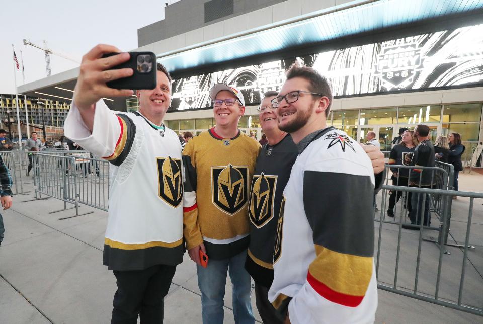 Fans take a photo prior to an NHL exhibition game at Vivint Arena in Salt Lake City on Thursday, Sept. 30, 2021. | Jeffrey D. Allred, Deseret News