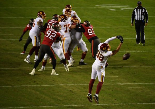 Tight end Logan Thomas (R) and the Washington Commanders will face the New England Patriots on Sunday in Foxborough, Mass. File Photo by Kevin Dietsch/UPI