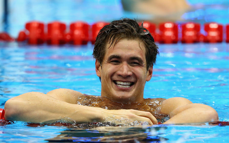 LONDON, ENGLAND - AUGUST 01: Nathan Adrian of the United States celebrates after he won the Final of the Men's 100m Freestyle on Day 5 of the London 2012 Olympic Games at the Aquatics Centre on August 1, 2012 in London, England. (Photo by Al Bello/Getty Images)