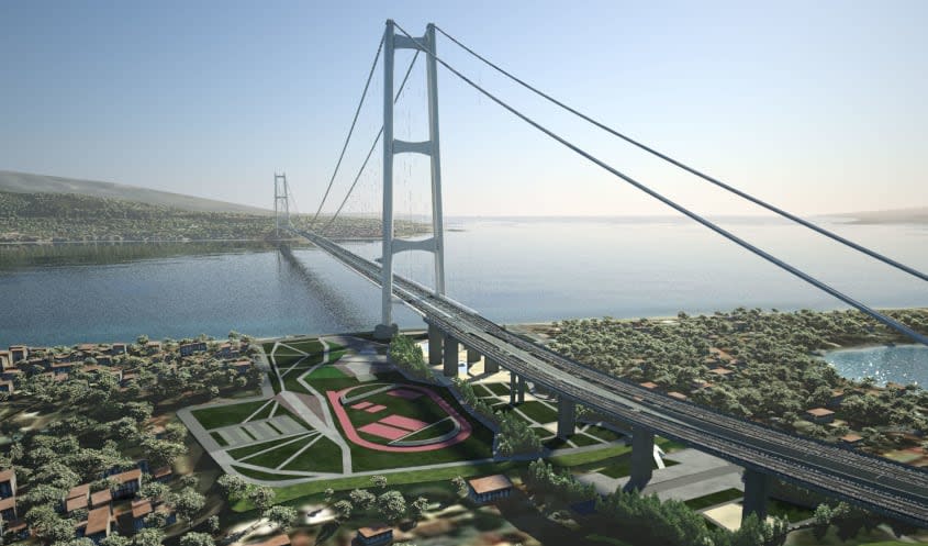 A mockup of the Messina Strait Bridge to connect Sicily and mainland Italy. 