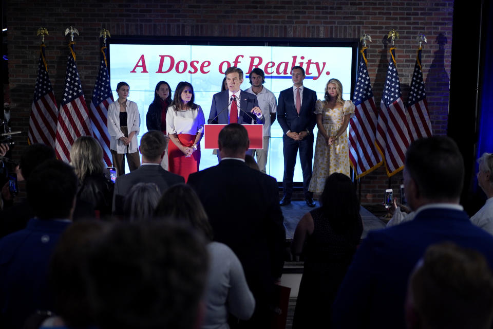 Mehmet Oz, a Republican candidate for U.S. Senate in Pennsylvania, speaks to supporters at a primary night election gathering in Newtown, Pa., Tuesday, May 17, 2022. (AP Photo/Seth Wenig)