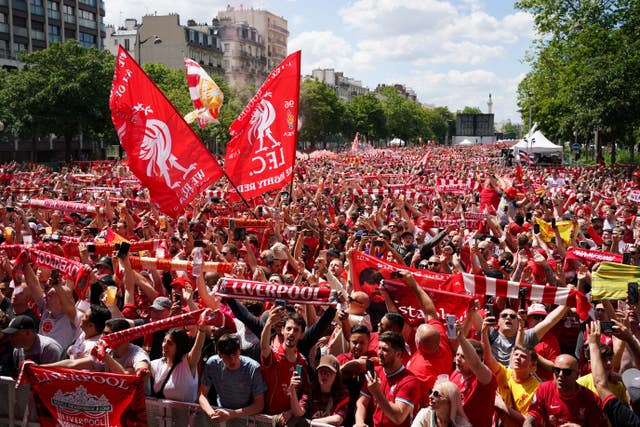 Thousands of Liverpool supporters in a fan zone in Paris