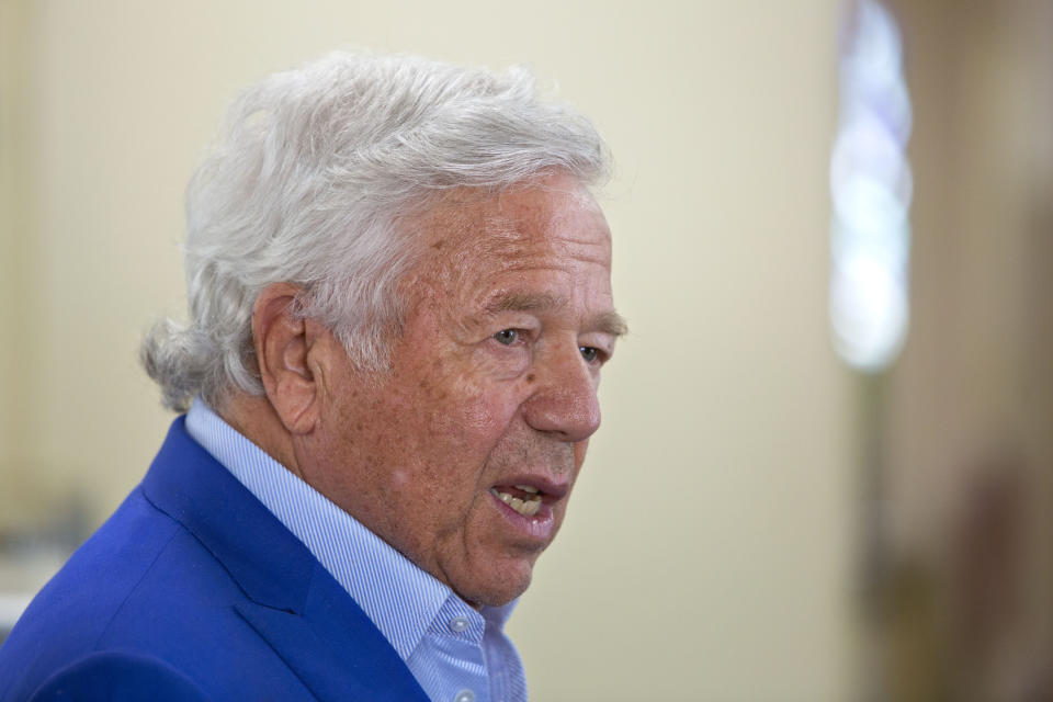 New England Patriots owner Robert Kraft looks on prior to a meeting with Israeli Prime Minister Benjamin Netanyahu at the Prime Minister's office in Jerusalem, Thursday, June 20, 2019. Israel will honor Kraft with the 2019 Genesis Prize for his philanthropy and commitment to combatting anti-Semitism. (AP Photo/Sebastian Scheiner)