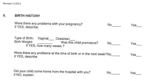 This school form, which Cara Paiuk refused to fill out, asks all parents of incoming kindergartners about the child’s type of birth. (Photo: Cara Paiuk) 