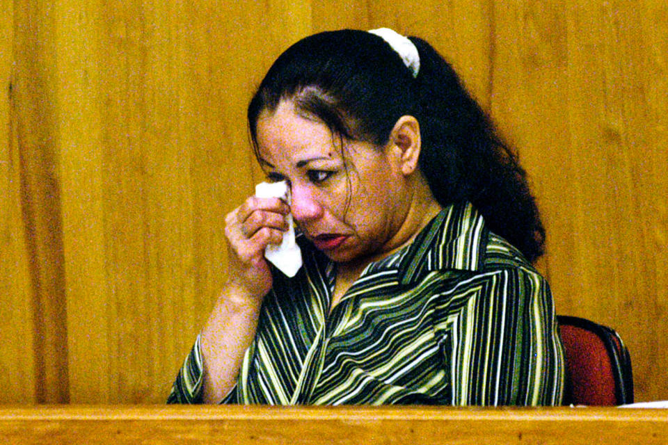 Melissa Lucio cries after receiving a death sentence on July 10, 2008, in Brownsville, Texas. (Theresa Najera / Valley Morning Star via AP file)