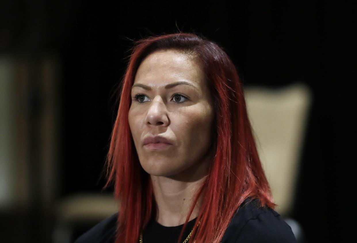 Brazilian-American mixed martial arts superstar Cris Cyborg is seen during a news conference. (AP)