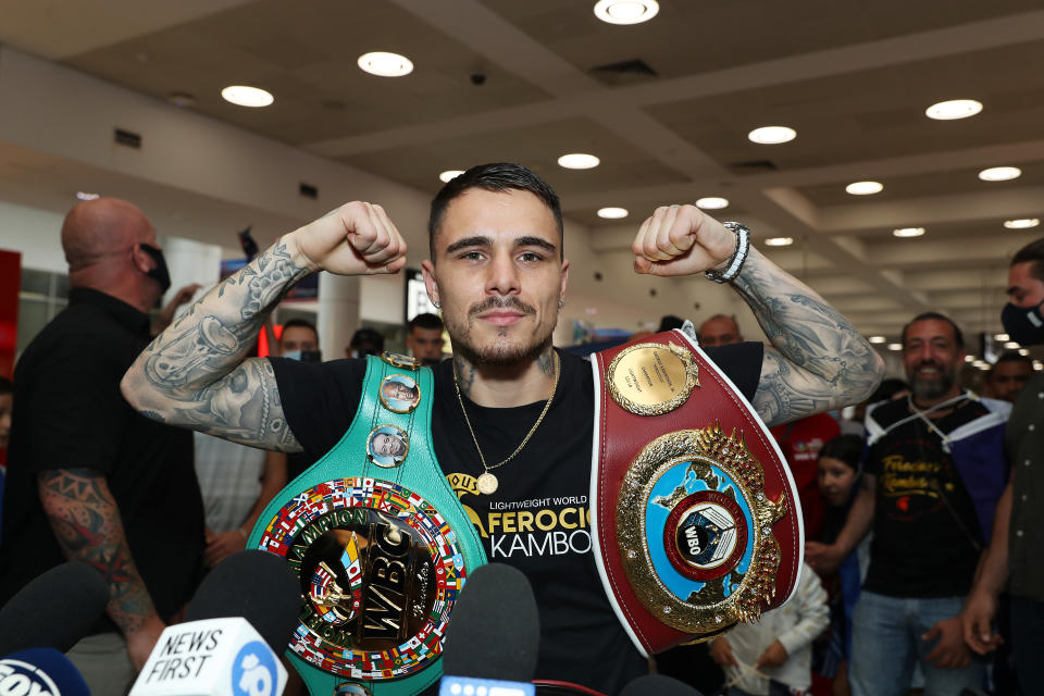 Australian WBA, WBO & IBF Lightweight World Champion boxer George Kambosos (pictured) poses at Sydney Airport.