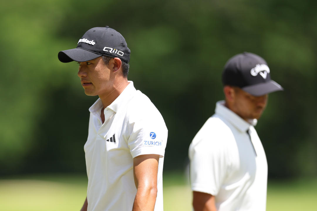 LOUISVILLE, KENTUCKY - MAY 18: Collin Morikawa of the United States and Xander Schauffele of the United States walk on the second green during the third round of the 2024 PGA Championship at Valhalla Golf Club on May 18, 2024 in Louisville, Kentucky. (Photo by Christian Petersen/Getty Images)