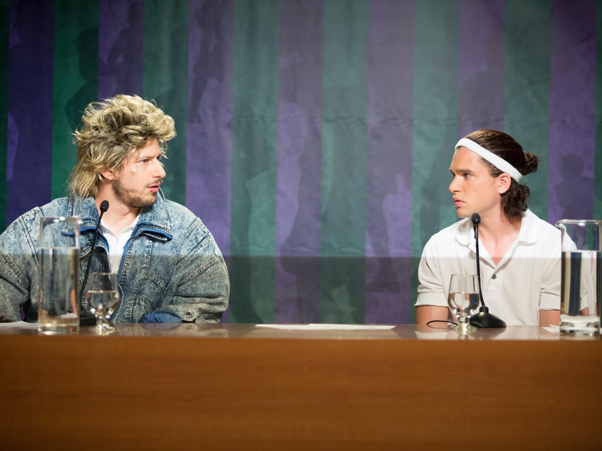 Andy Samberg and Kit Harington in "7 Days in Hell."