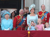 <p>The Queen, Prince of Wales, the Duke and Duchess of Sussex, the Duke and Duchess of Cambridge, Princess Charlotte, Savannah Phillips and Prince George at the 2018 parade. (PA Images)</p> 