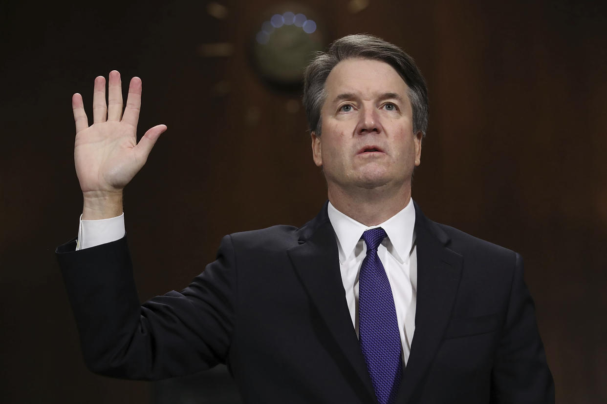 Judge Brett Kavanaugh is sworn in before testifying to the Senate Judiciary Committee during his Supreme Court confirmation hearings in September. (Photo: Win McNamee/Getty Images)