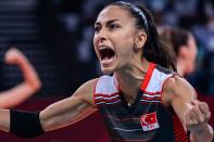 <p>Turkey's Simge Akoz reacts after a point in the women's quarter-final volleyball match between South Korea and Turkey during the Tokyo 2020 Olympic Games at Ariake Arena in Tokyo on August 4, 2021. (Photo by PEDRO PARDO / AFP)</p> 