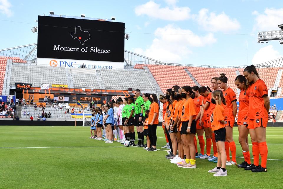A moment of silence  in memory of the children and school teachers killed at Robb Elementary School in Uvalde before the game between the Houston Dash and the North Carolina Courage at PNC Stadium.