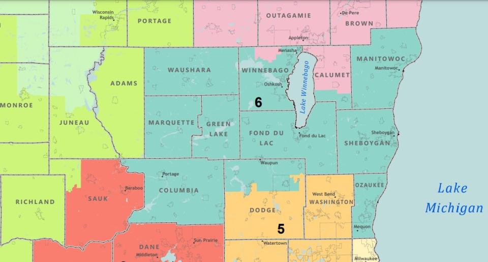 A map of U.S. Congressional Districts in Wisconsin, zoomed in on Congressional District 6, which includes Sheboygan County. A full map is available at https://tinyurl.com/5bm7mu8d.