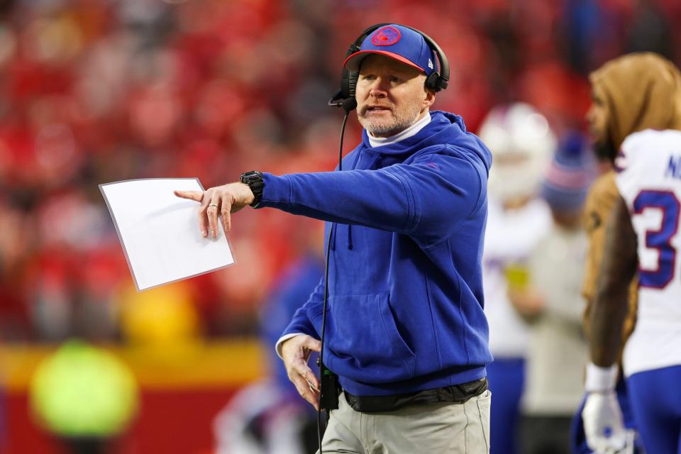 KANSAS CITY, MISSOURI - DECEMBER 10: Head coach Sean McDermott of the Buffalo Bills reacts during the first half of the game against the Kansas City Chiefs at GEHA Field at Arrowhead Stadium on December 10, 2023 in Kansas City, Missouri. (Photo by Jamie Squire/Getty Images)