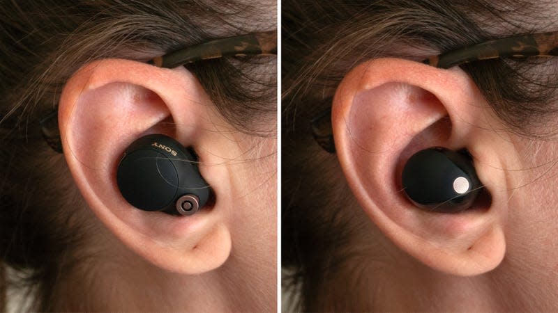 Although only 25% smaller than the Sony WF-1000XM4s (left) the WF-1000XM5s (right) feel much smaller and lighter in the ear. - Photo: Andrew Liszewski | Gizmodo