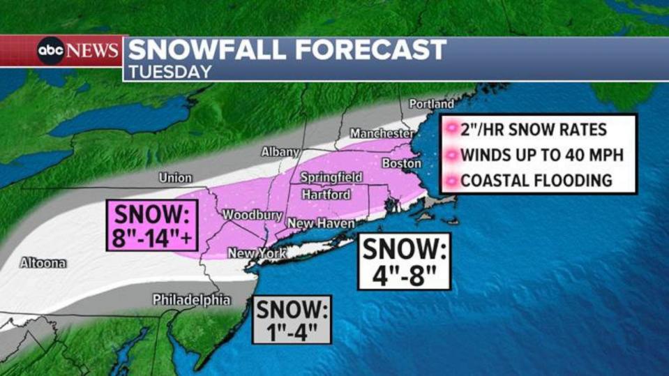 PHOTO: Snowfall Forecast - Tuesday Map (ABC News)