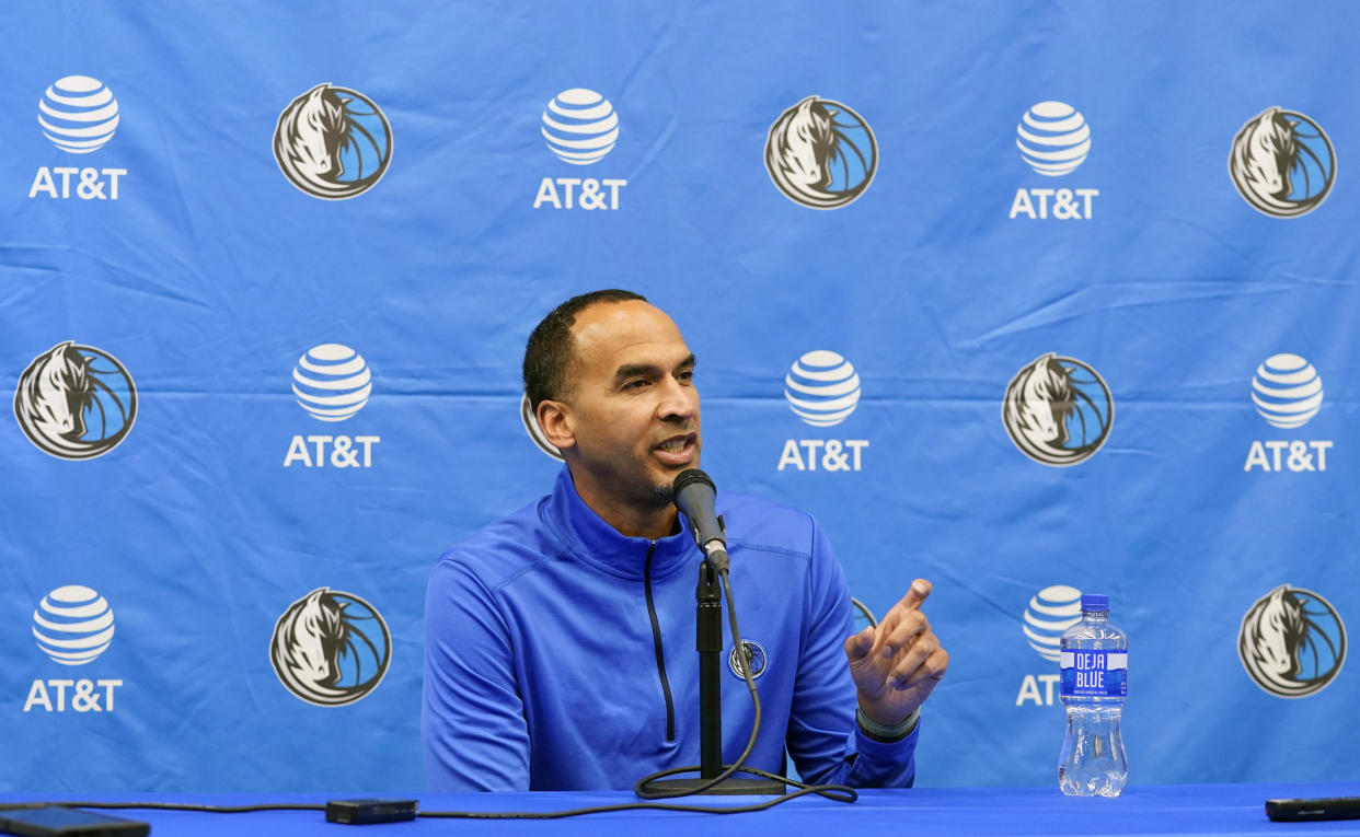 Dallas Mavericks general manager Nico Harrison speaks during an availability with reporters at the team's NBA basketball practice facility in Dallas, Tuesday, April 11, 2023. (AP Photo/LM Otero)