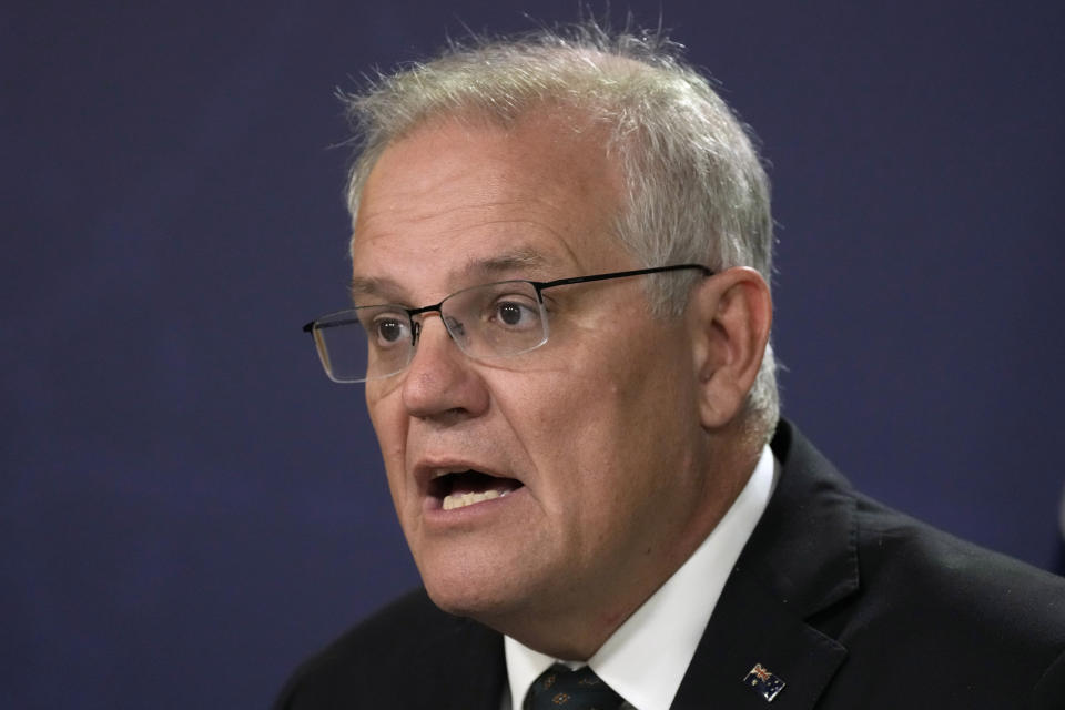 Australian Prime Minister Scott Morrison talks about the situation in Ukraine at a press conference in Sydney, Feb. 23, 2022. Former prime minister Morrison quietly gave himself extra powers during the coronavirus pandemic by signing himself as minister for several portfolios – something few people knew about. (AP Photo/Rick Rycroft)