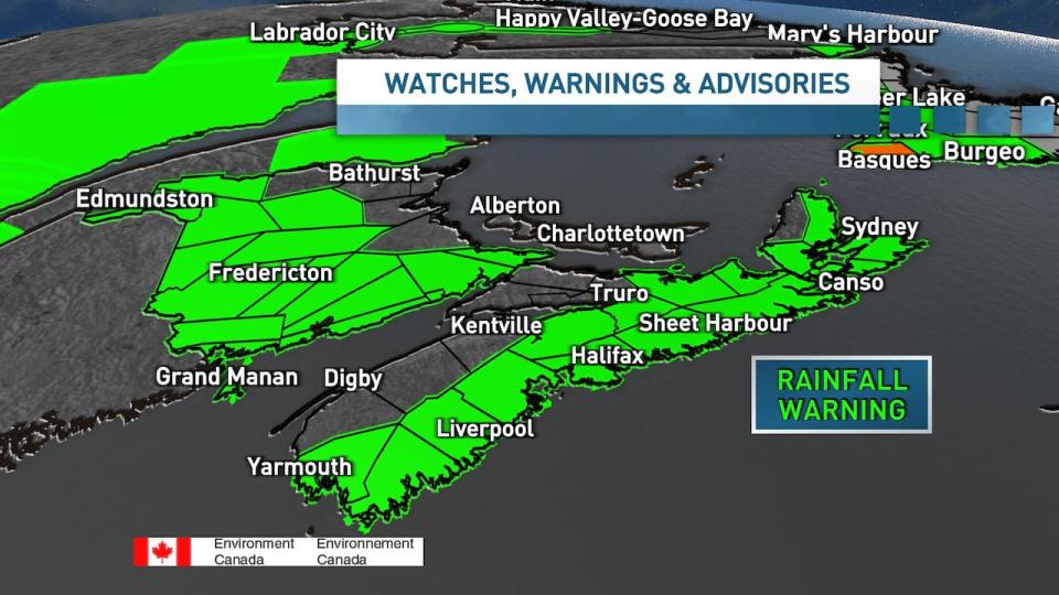 Rainfall warnings are in place for Nova Scotia and parts of New Brunswick.