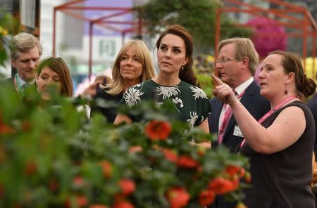 Britain's Catherine, Duchess of Cambridge (C), talks to an exhibitor (R) as she visits the Chelsea Flower Show in London, Britain on May 22, 2017. The Chelsea flower show, held annually in the grounds of the Royal Hospital Chelsea, opens to the public this year from May 22. REUTERS/Ben Stansall/Pool