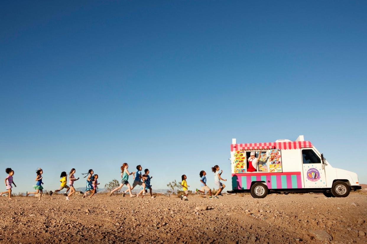 kids running to ice cream truck, nevada desert