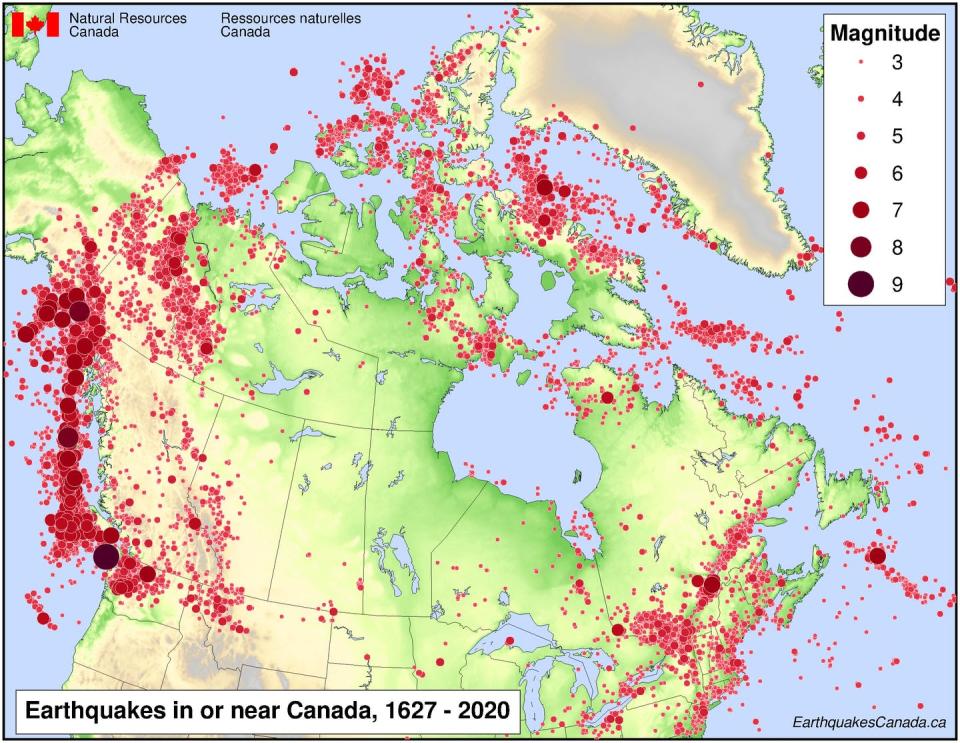 Map showing earthquakes in or near Canada between 1967 and 2020.