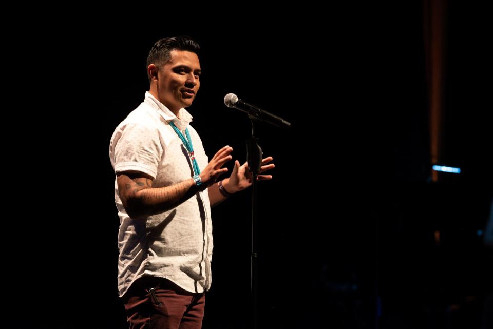 Kyle Mitchell tells his tale during the Arizona Storytellers Project presents My Culture, My Identity at the Scottsdale Center for Performing Arts on Wednesday, Jun. 12, 2019.