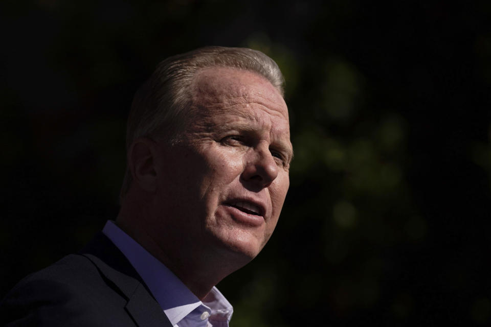 FILE - In this Feb. 2, 2021, file photo, former San Diego Mayor Kevin Faulconer, a Republican, speaks during a news conference in the San Pedro section of Los Angeles. Faulconer is one of several high-profile Republicans, who is running to replace Gov. Gavin Newsom in the Sept. 14 recall election. Faulconer and three other Republican candidates are heading into their first televised debate, to be held Wednesday, Aug. 4, 2021. Conservative talk radio host Larry Elder and reality tv personality Caitlyn Jenner will not attend the debate. (AP Photo/Jae C. Hong, File)