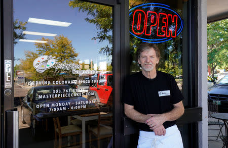 Baker Jack Phillips poses outside his Masterpiece Cakeshop in Lakewood, Colorado U.S. September 21, 2017. Picture taken September 21, 2017. REUTERS/Rick Wilking