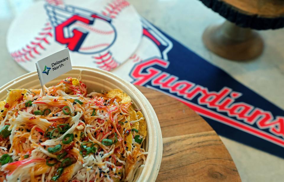 The Guardians show off new food concepts including crab rangoon nachos during a press event at Progressive Field.