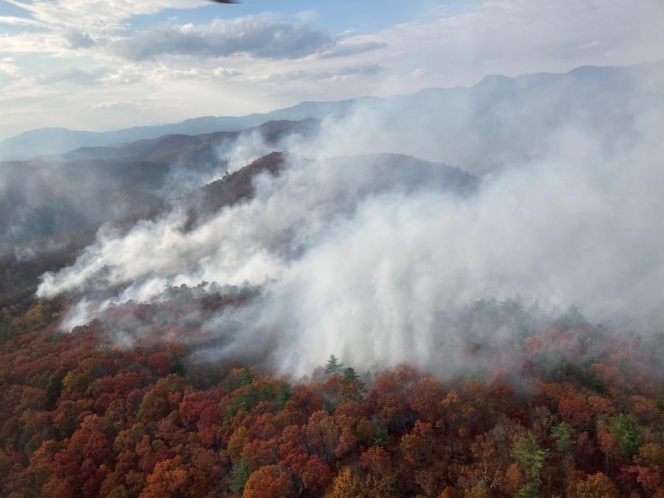 Smoke from the Mill Mountain wildfire rises near Mountain Rest, South Carolina on Nov. 9. Courtesy of the Sumter National Forest