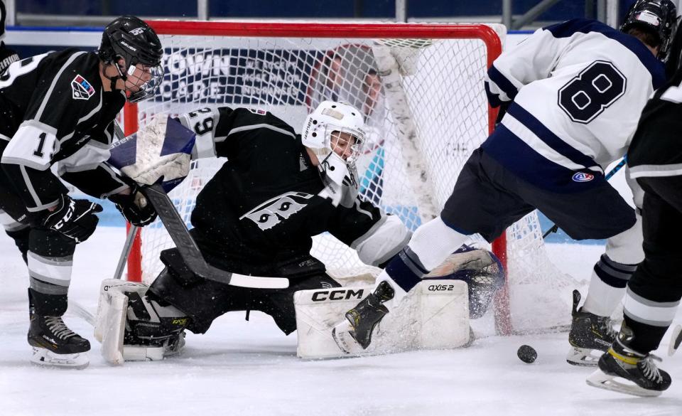 RMT goalie Max Braun, shown in action earlier this season, played his usual strong game and made 29 stops on Tuesday night but Blackstone Valley prevailed, 5-1, in Game 3 of their series.