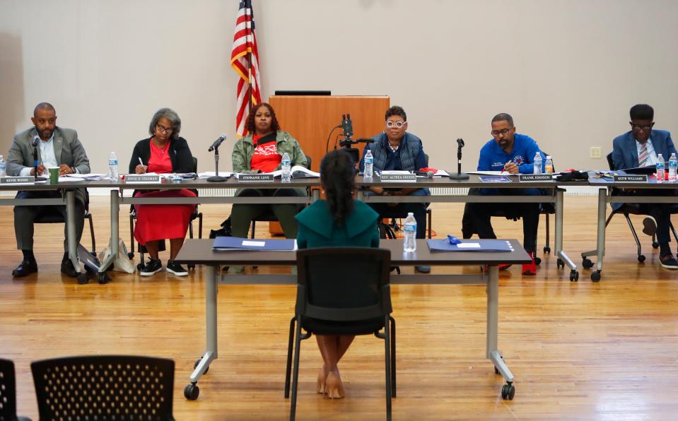 Marie Feagins, chief of leadership and high schools for Detroit Public Schools, is interviewed by the Memphis-Shelby County Schools Board for the superintendent position in Memphis, Tenn., on Friday, February 2, 2024.